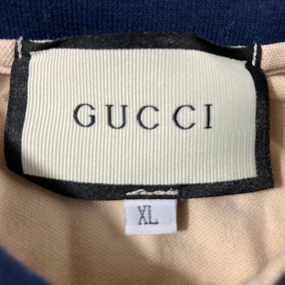 Gucci Mens XL Beige Embroidered Bee GG Logo Polo Shirt
